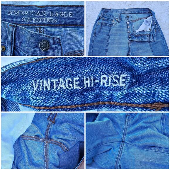 Two Tone Stretch Denim Jeans American Eagle Sz 6 Vintage Hi-Rise Crop Button Fly - Picture 5 of 10